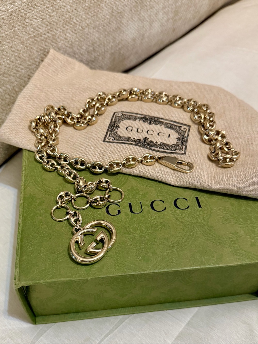 Gucci Gold Chain Logo Mariner Belt with GG Pendant sz 85